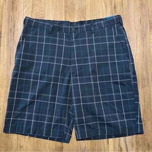 PGA Tour Shorts Mens 36 Charcoal Grey, Silver & Teal Plaid Polyester Wicking NEW